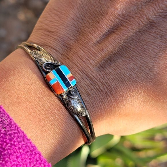 Native American 925 sterling silver square inlay squash blossom vintage bracelet - Picture 13 of 15